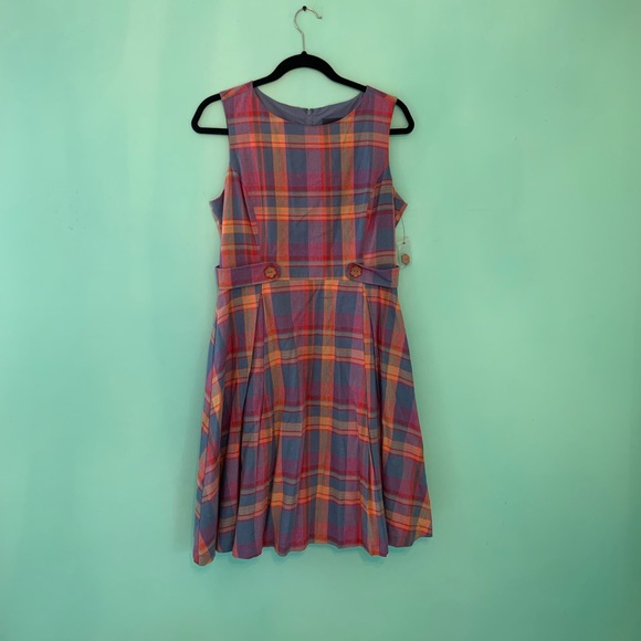 Modcloth Dresses & Skirts - ModCloth Something Sixties Cotton-Linen Dress Plaid Blue Pink Wood Buttons